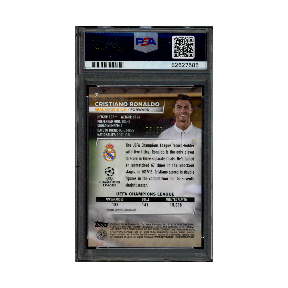 Cristiano Ronaldo 2022-23 Topps Stadium Club UCC Black Gold Electric Charge /35 PSA 8