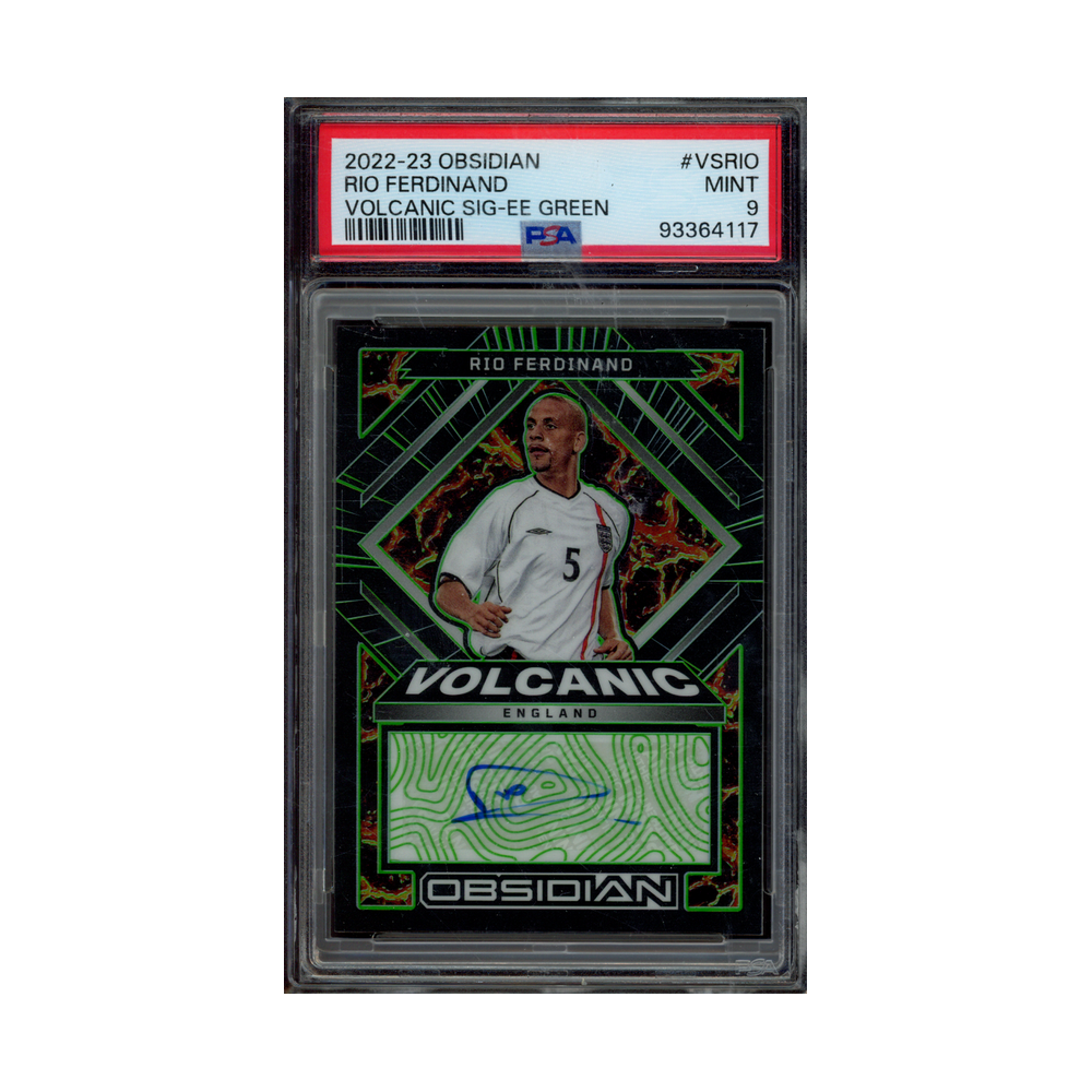 Rio Ferdinand 2022-23 Panini Obsidian Soccer Volcanic Auto Green /2 PSA 9