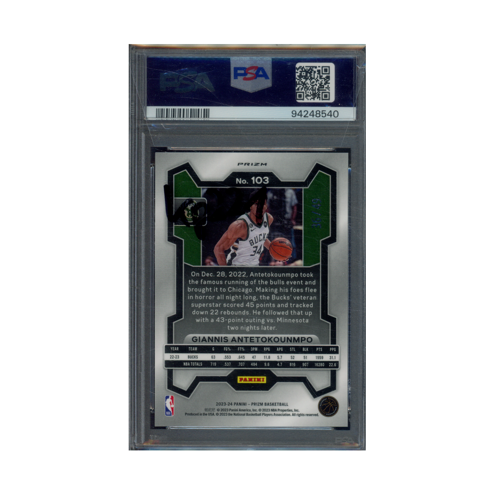 Giannis Antetokounmpo 2023 Panini Prizm Basketball Orange Prizm /49 PSA 10
