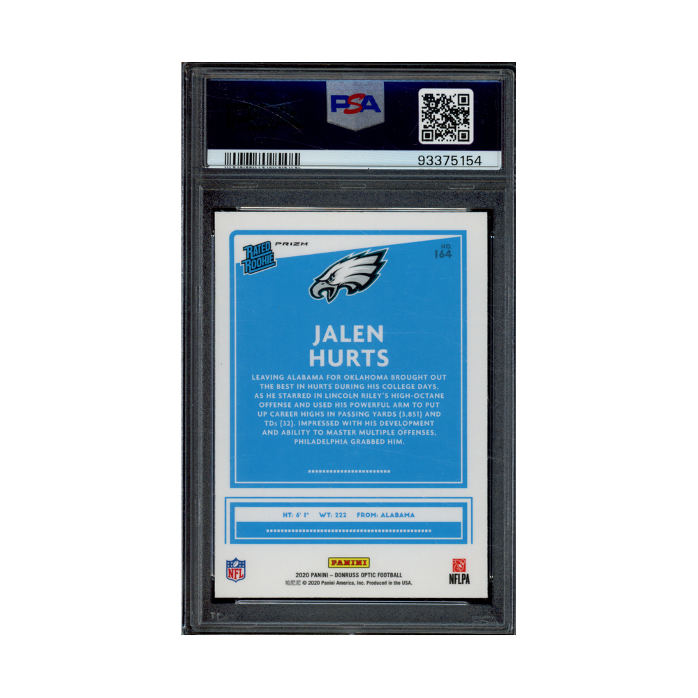 Jalen Hurts 2020 Panini Donruss Optic Football Rated Rookie Green Velocity PSA 9
