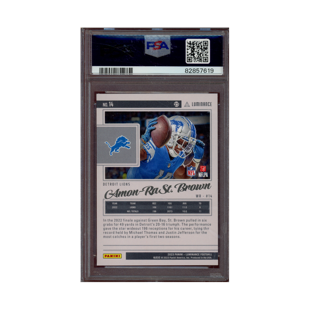 Amon-Ra St. Brown 2023 Panini Luminance Football Pink /10 PSA 9