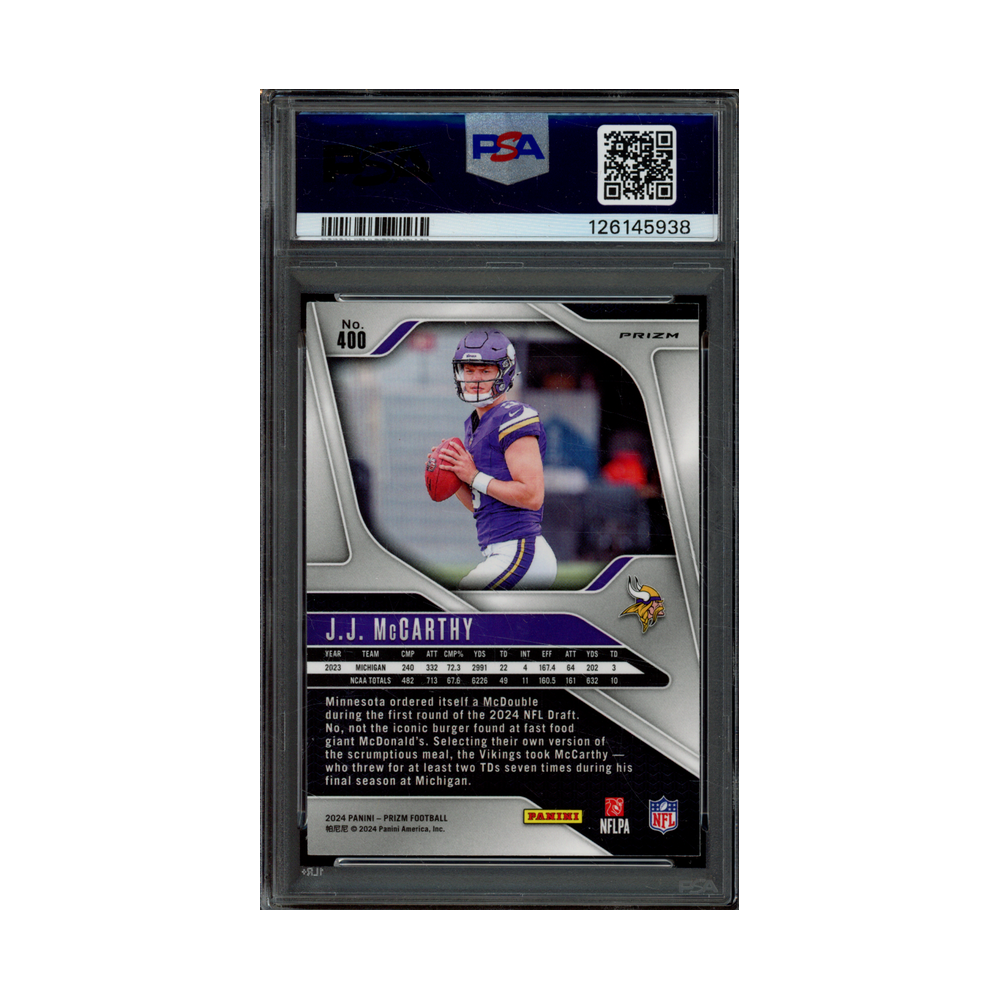 JJ McCarthy 2024 Panini Prizm Lazer Prizm Rookie PSA 10