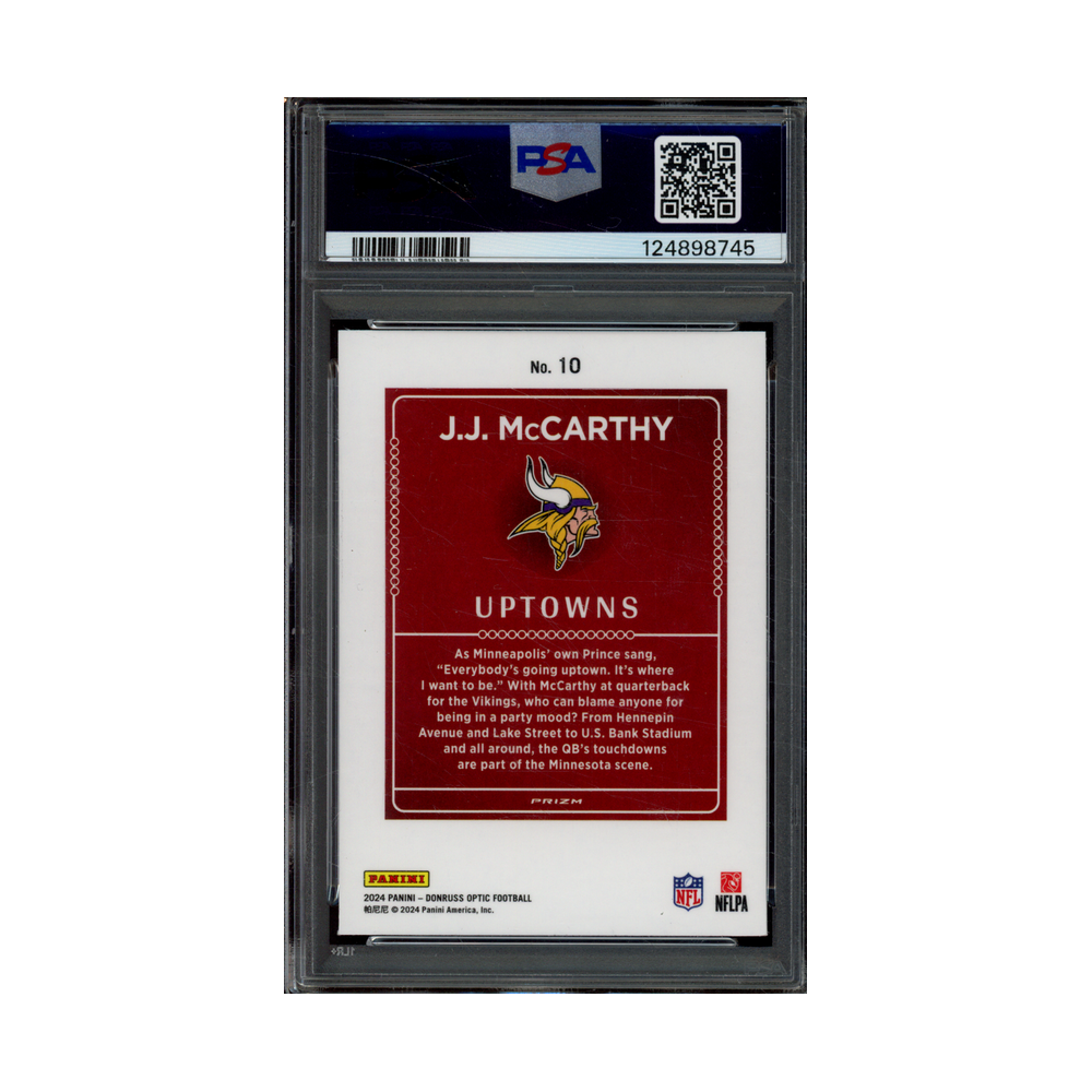 JJ McCarthy 2024 Panini Donruss Optic Football Uptowns Rookie PSA 9