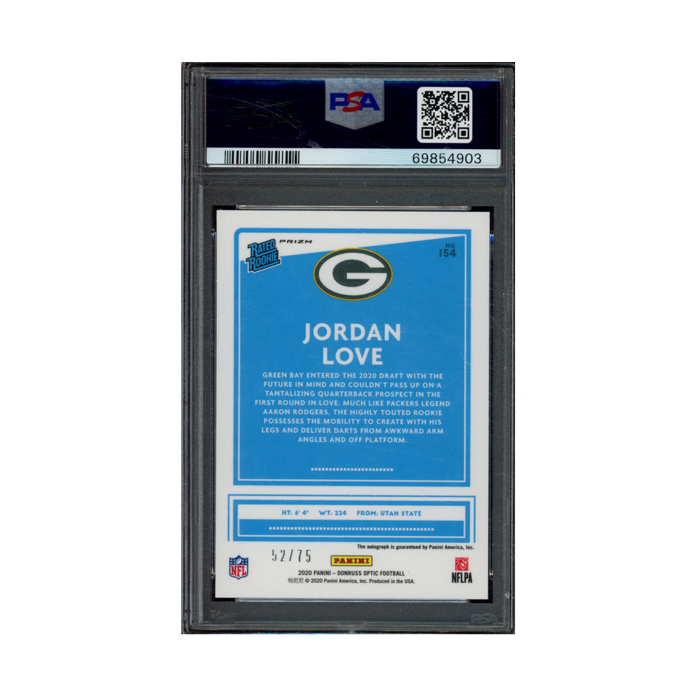 Jordan Love 2020 Panini Donruss Optic Football Rated Rookie Auto Blue /75 PSA 9