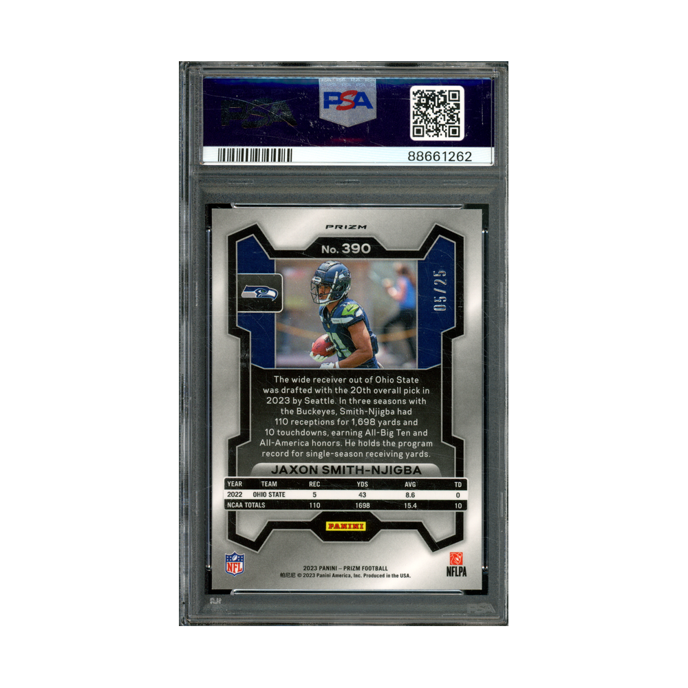 Jaxon Smith-Njigba 2023 Panini Prizm Football Blue Shimmer Prizm Rookie /25 PSA 10