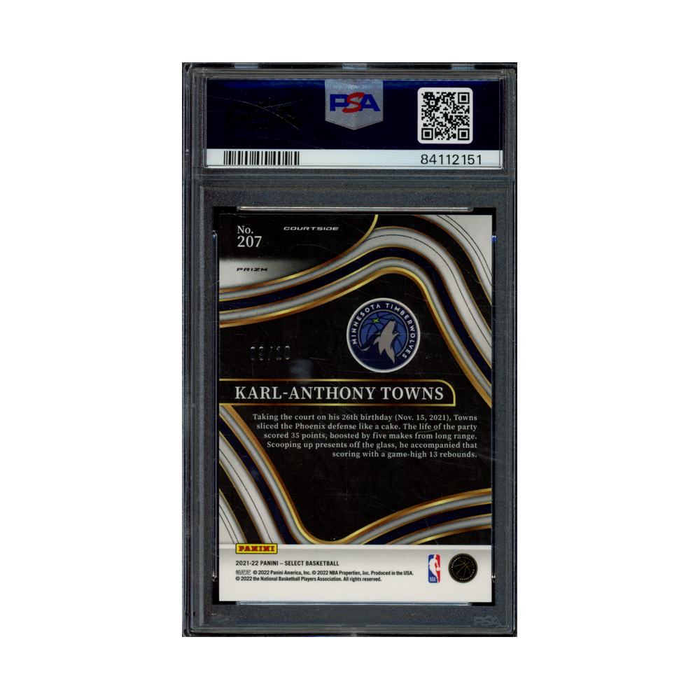 Karl-Anthony Towns 2021 Panini Select Basketball Gold Disco Prizm Courtside /10 PSA 10