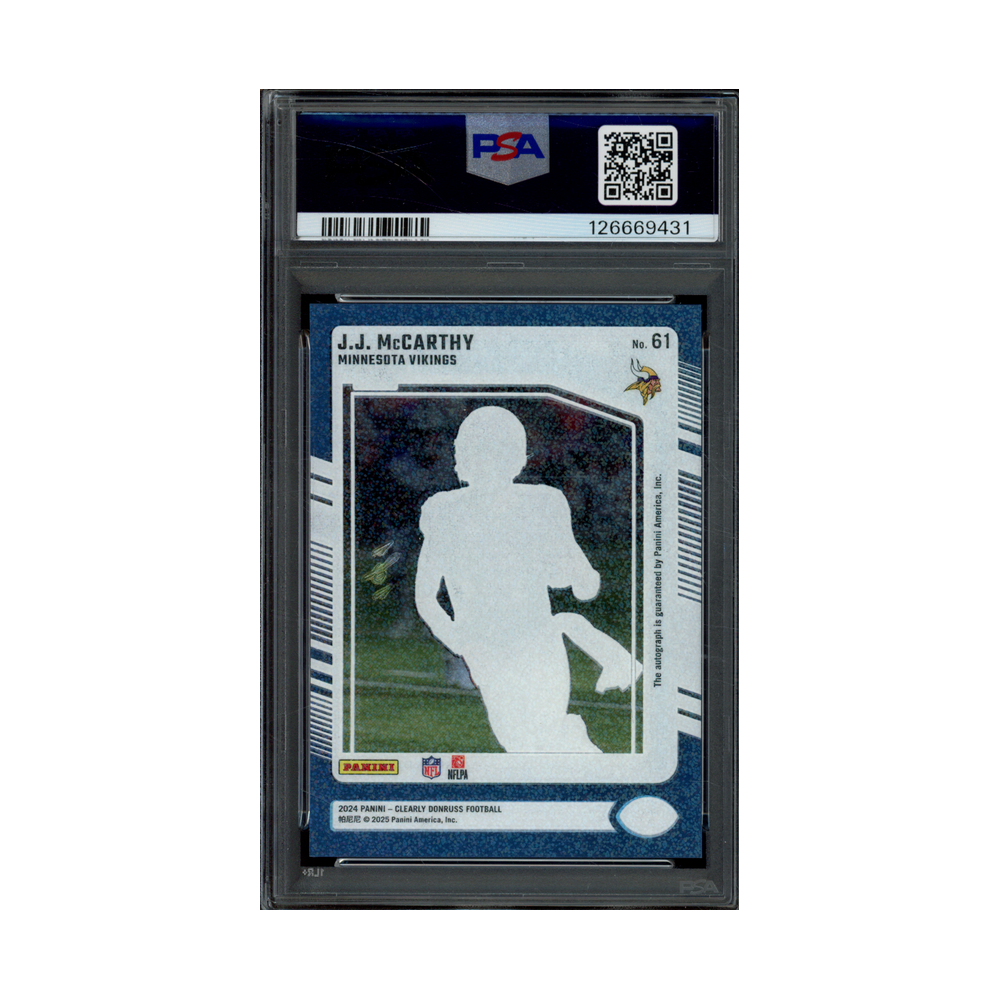 JJ McCarthy 2024 Panini Clearly Donruss Rated Rookie Auto Platinum 1/1 PSA 10