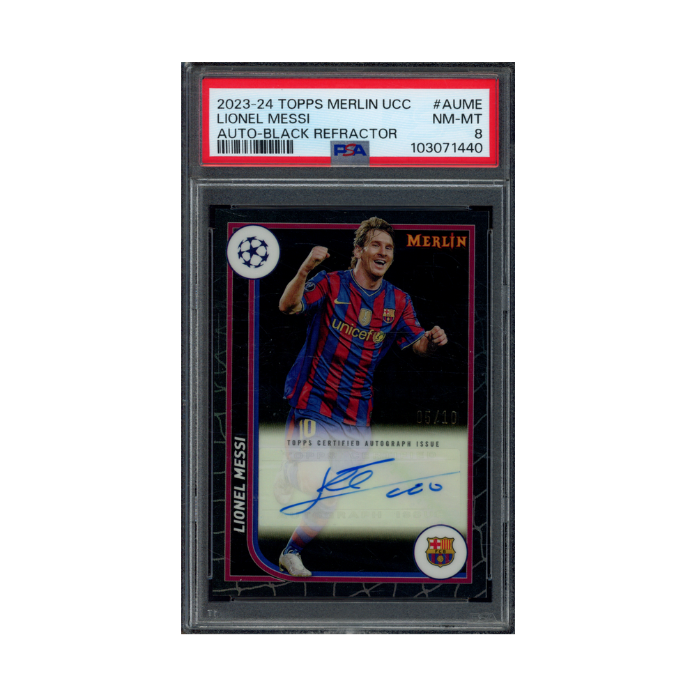Lionel Messi 2023-24 Topps Merlin UCC Auto Black Refractor /10 PSA 8