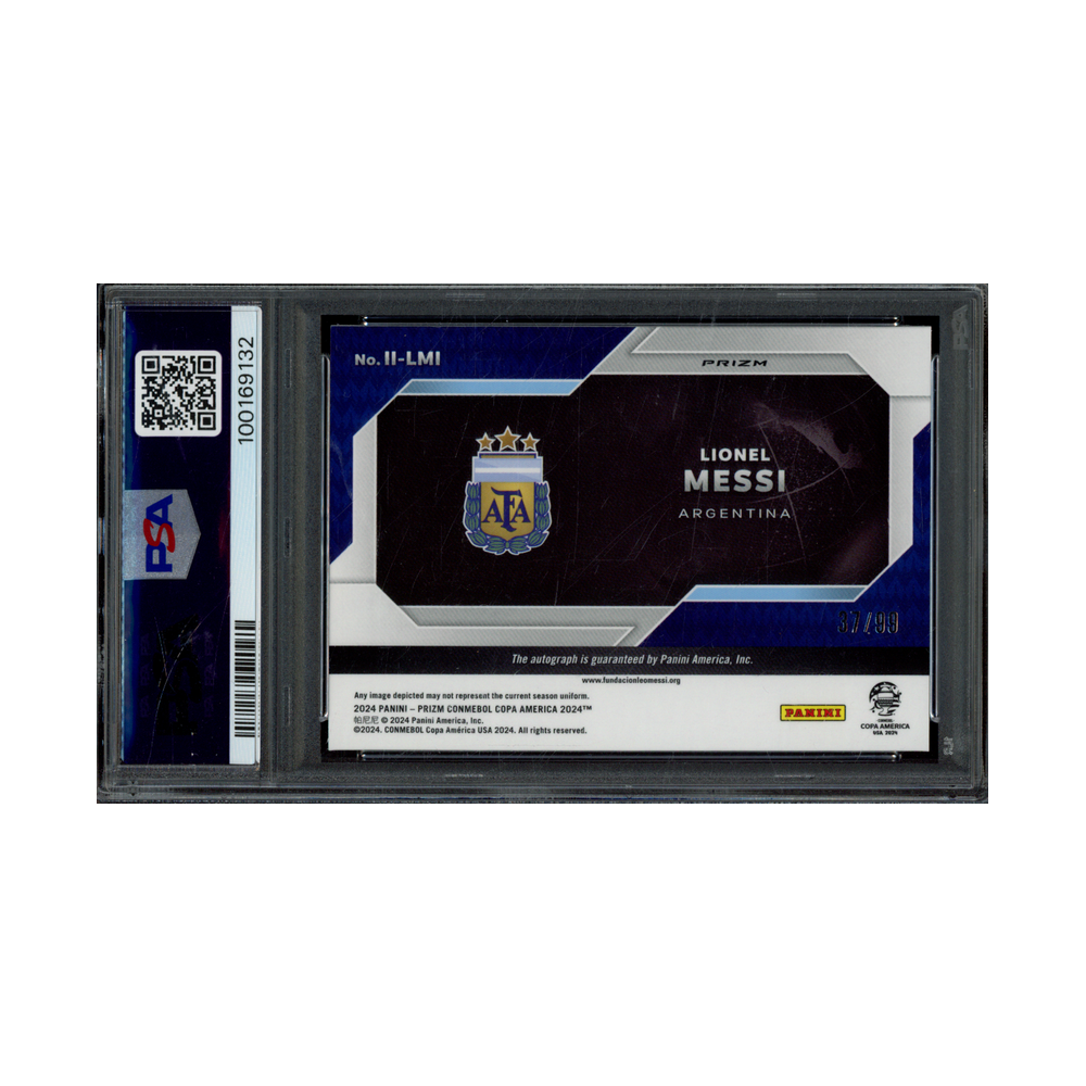 Lionel Messi 2024 Panini Prizm Copa America International Ink Auto /99 PSA 10
