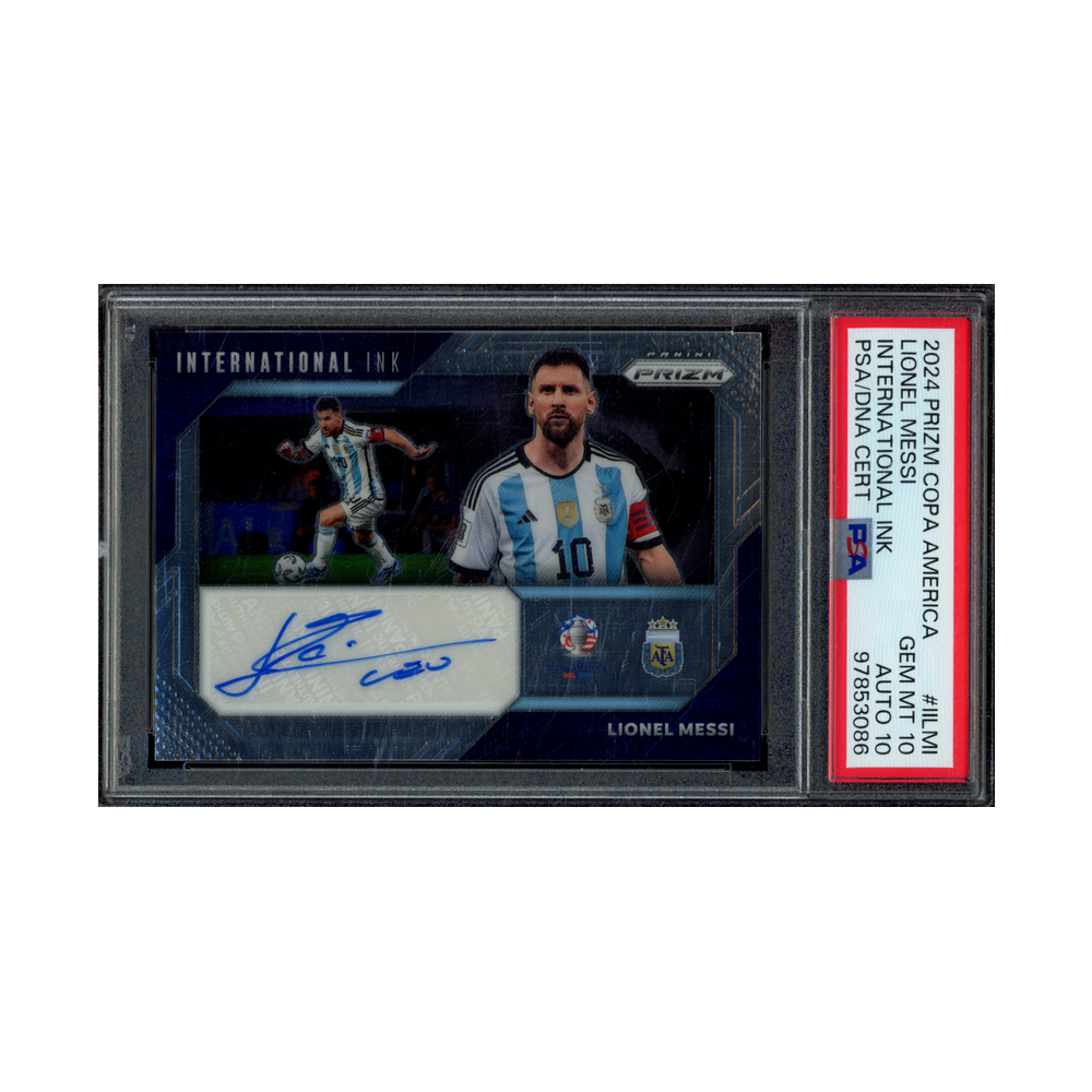 Lionel Messi 2024 Panini Prizm Copa America International Ink Auto PSA 10/10