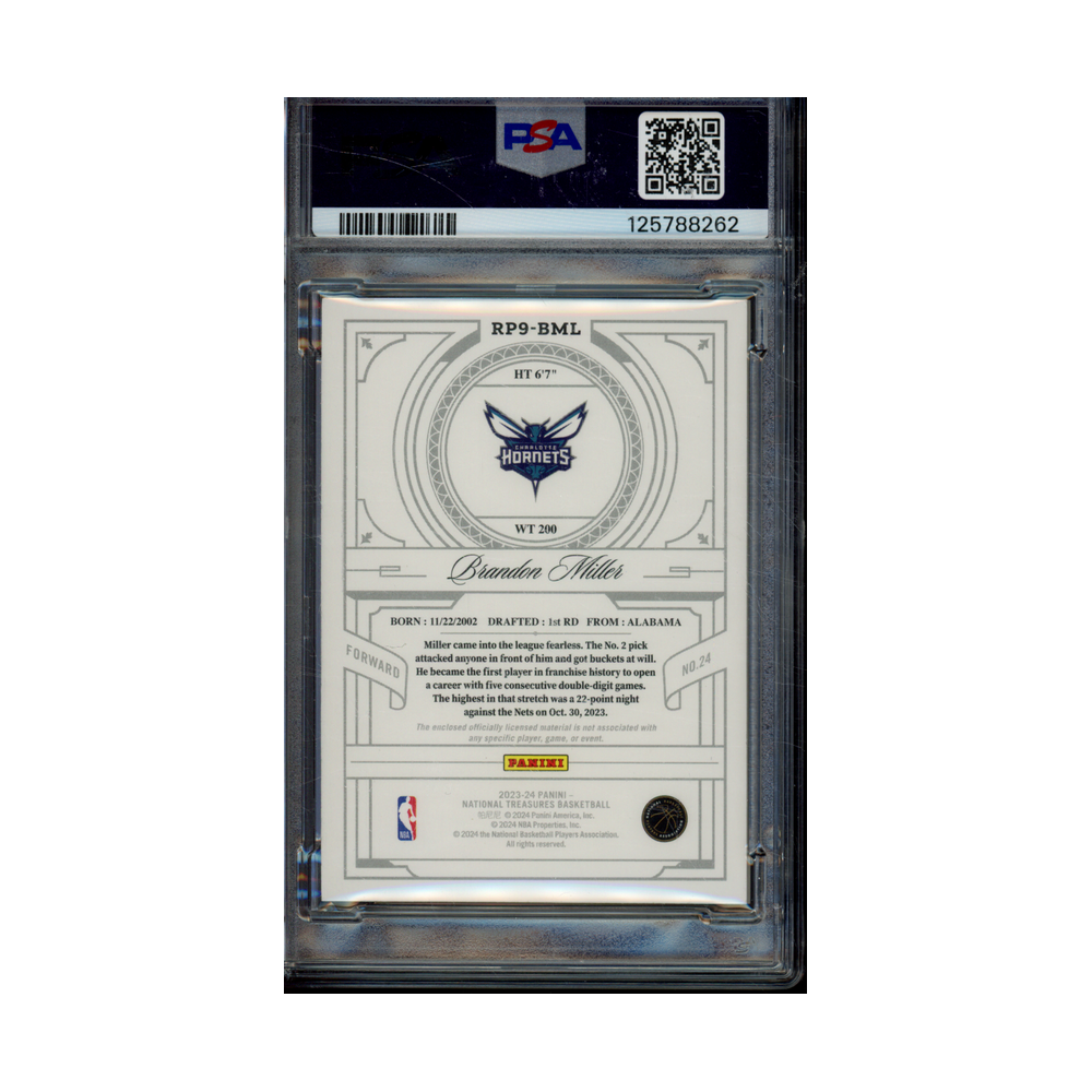 Brandon Miller 2023 Panini National Treasures Basketball Rookie Patch 2009 /99 PSA 9