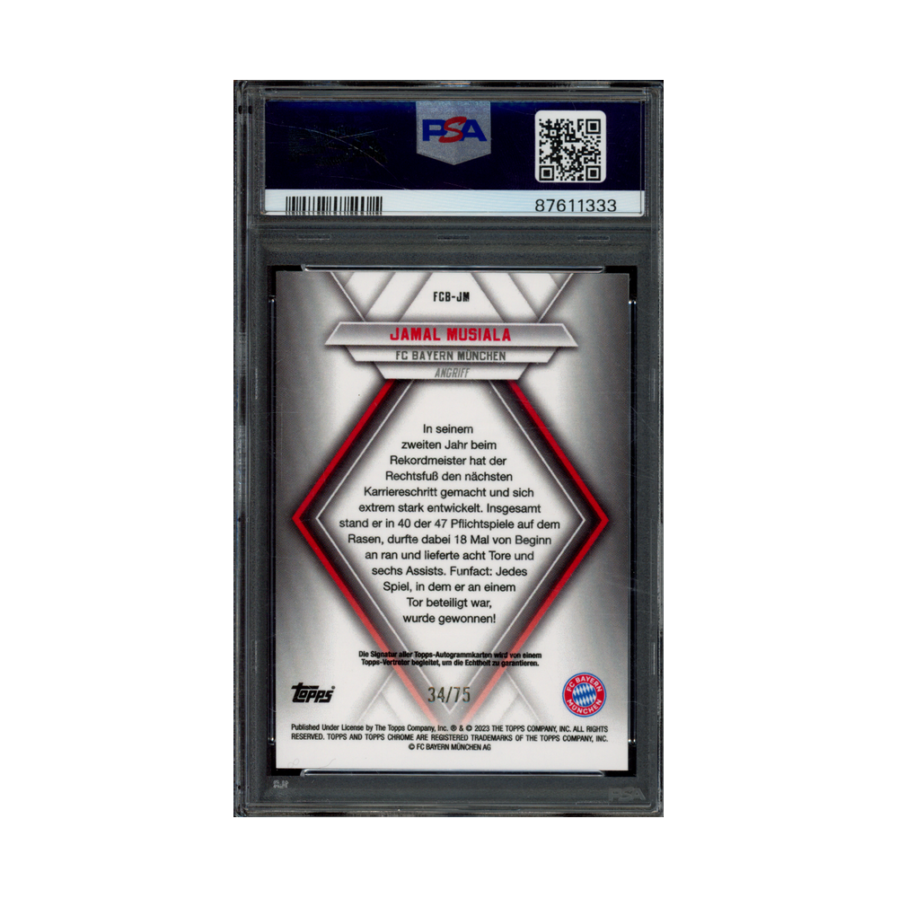 Jamal Musiala 2022-23 Topps Chrome Bayern Auto /75 PSA 9