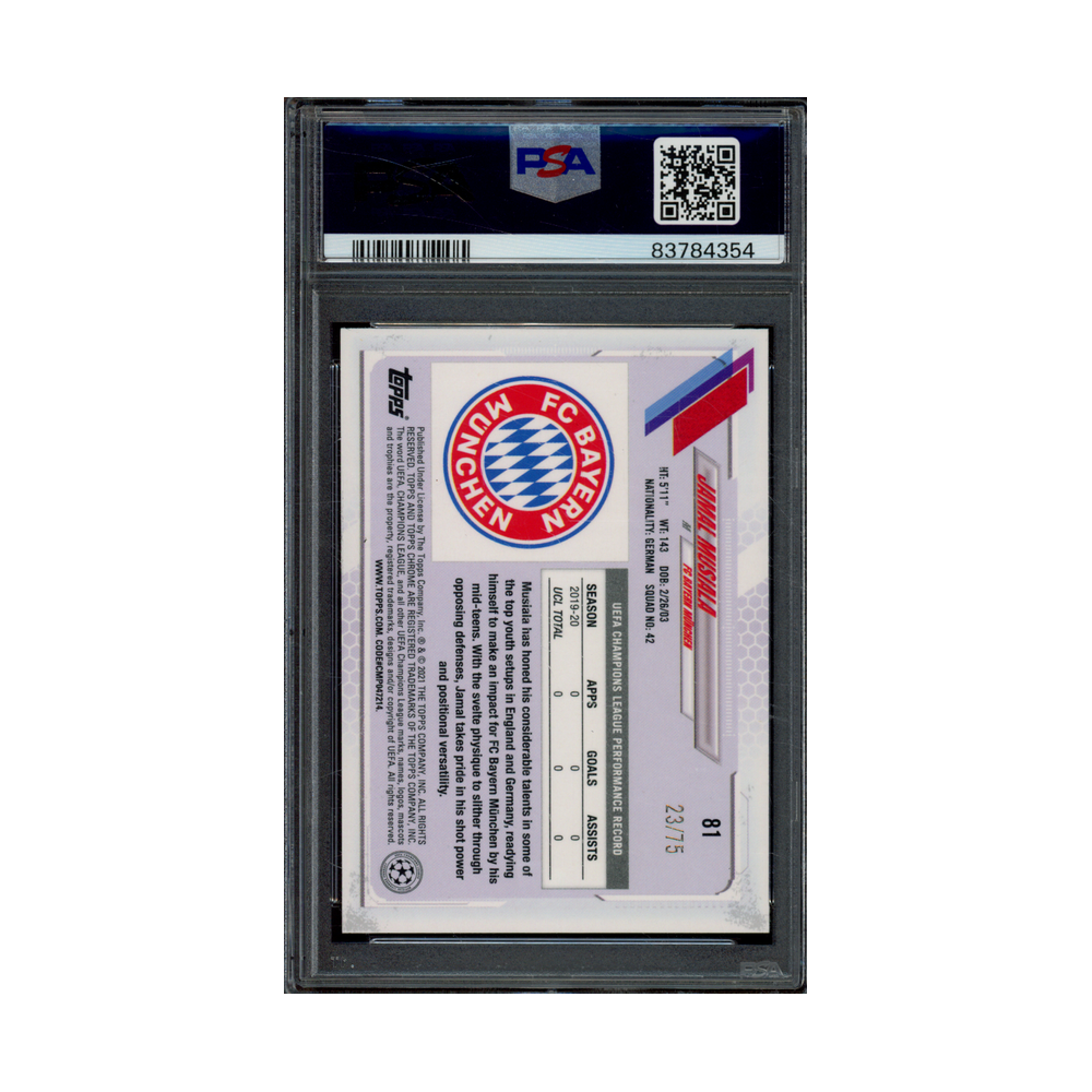 Jamal Musiala 2020 Topps Chrome UCL Sapphire Edition Green Rookie /75 PSA 10