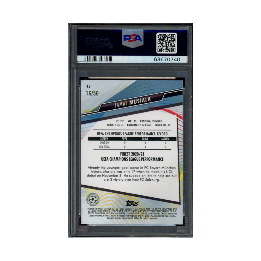 Jamal Musiala 2020 Topps Finest UCL Gold Refractor Rookie /50 PSA 10