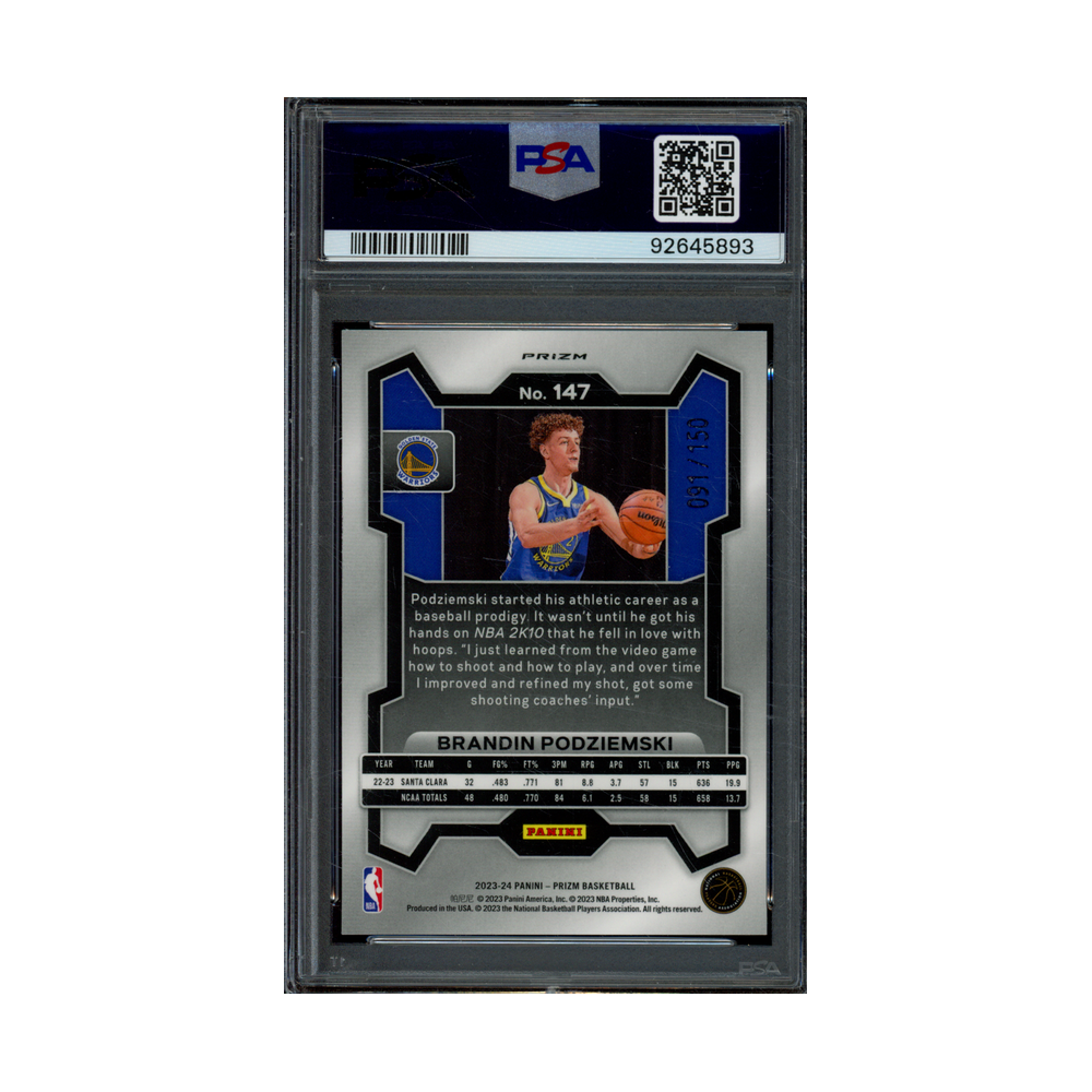Brandin Podziemski 2023 Panini Prizm Basketball Blue Fast Break Prizm Rookie /150 PSA 10