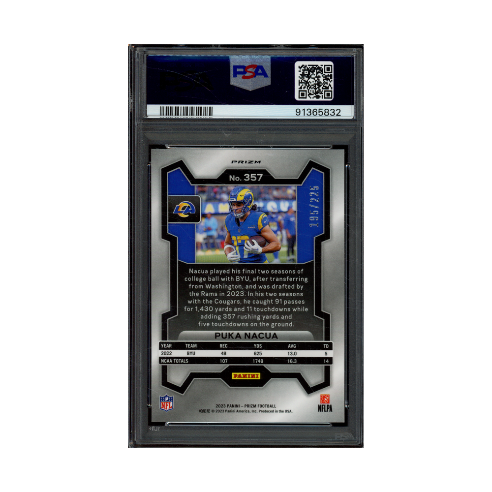 Puka Nacua 2023 Panini Prizm Football Purple Ice Prizm Rookie /225 PSA 10