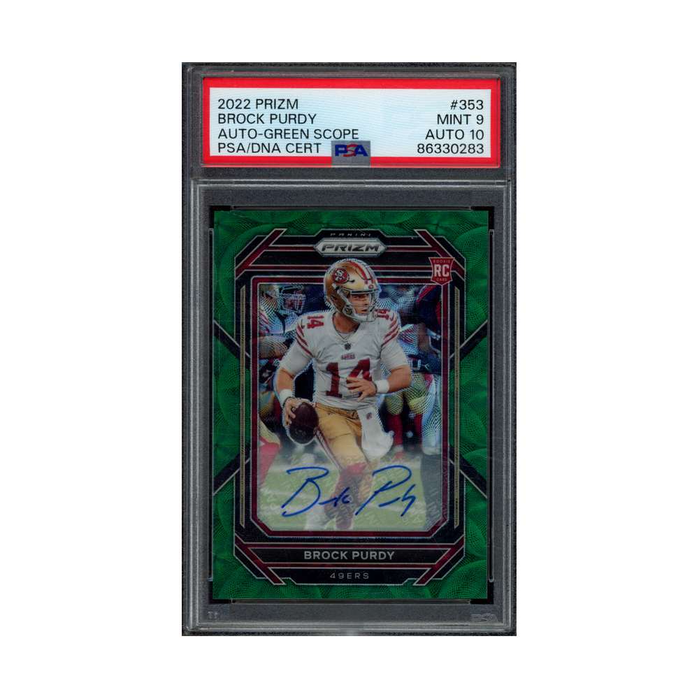 Brock Purdy 2022 Panini Prizm Football Rookie Auto Green Scope /75 PSA 9/10