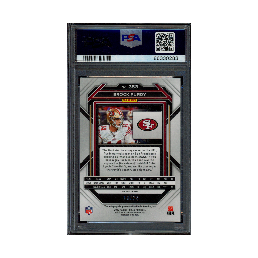 Brock Purdy 2022 Panini Prizm Football Rookie Auto Green Scope /75 PSA 9/10