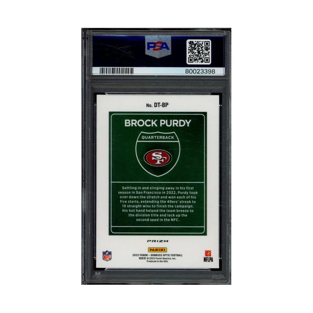 Brock Purdy 2022 Panini Donruss Optic Football Rookie Downtown PSA 9
