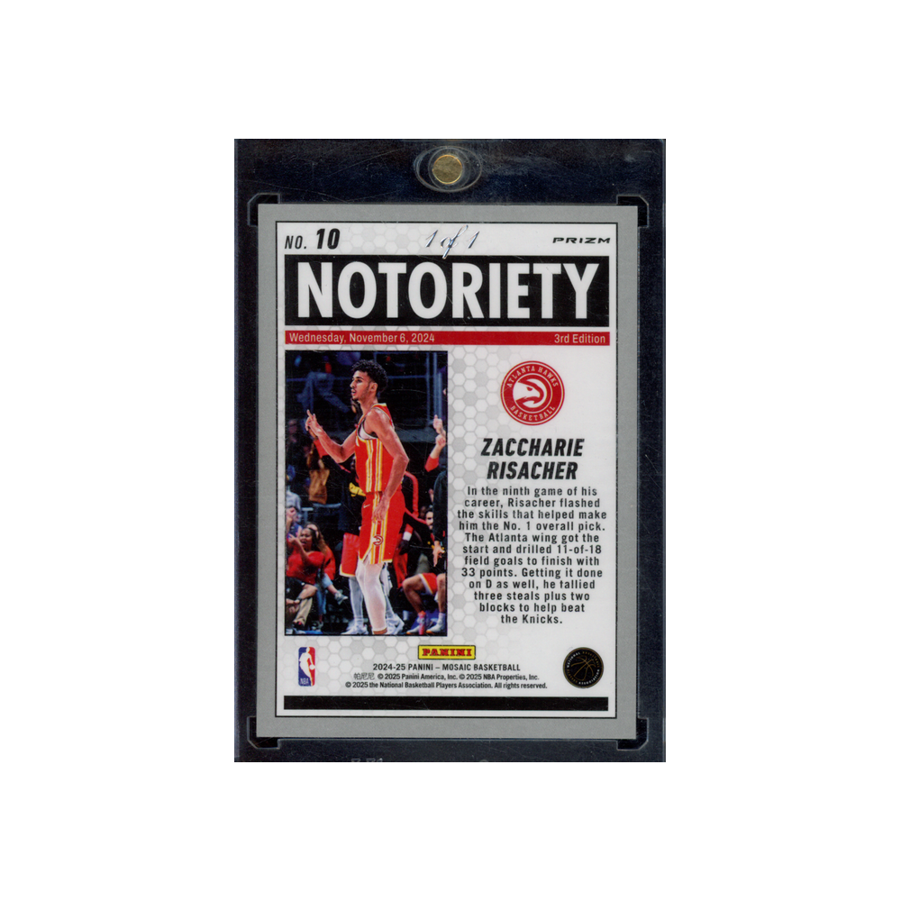 Zaccharie Risacher 2024-25 Panini Mosaic Basketball Notoriety Black Rookie 1/1