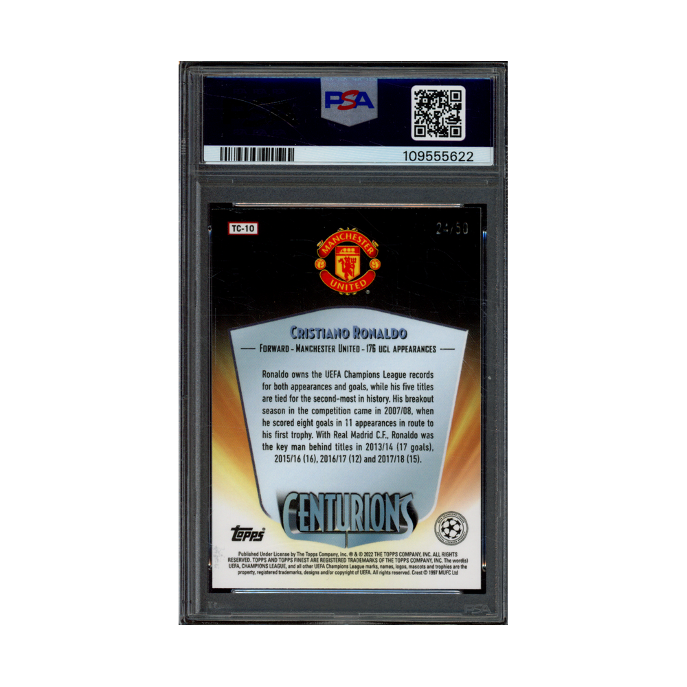 Cristiano Ronaldo 2021-22 Finest UCL 1998 Centurions Gold Refractor /50 PSA 9