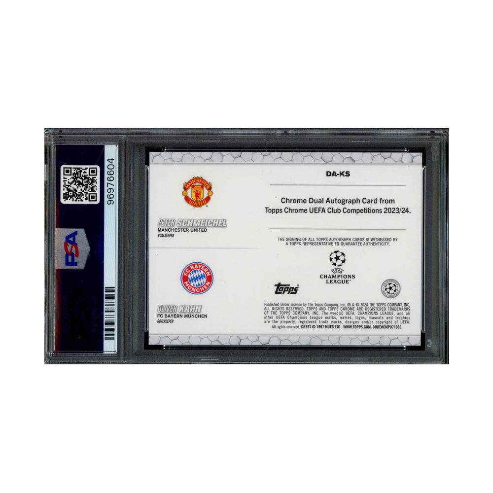 Peter Schmeichel & Oliver Kahn 2023-24 Topps Chrome UCC Dual Auto Black Refractor /10 PSA 10/10