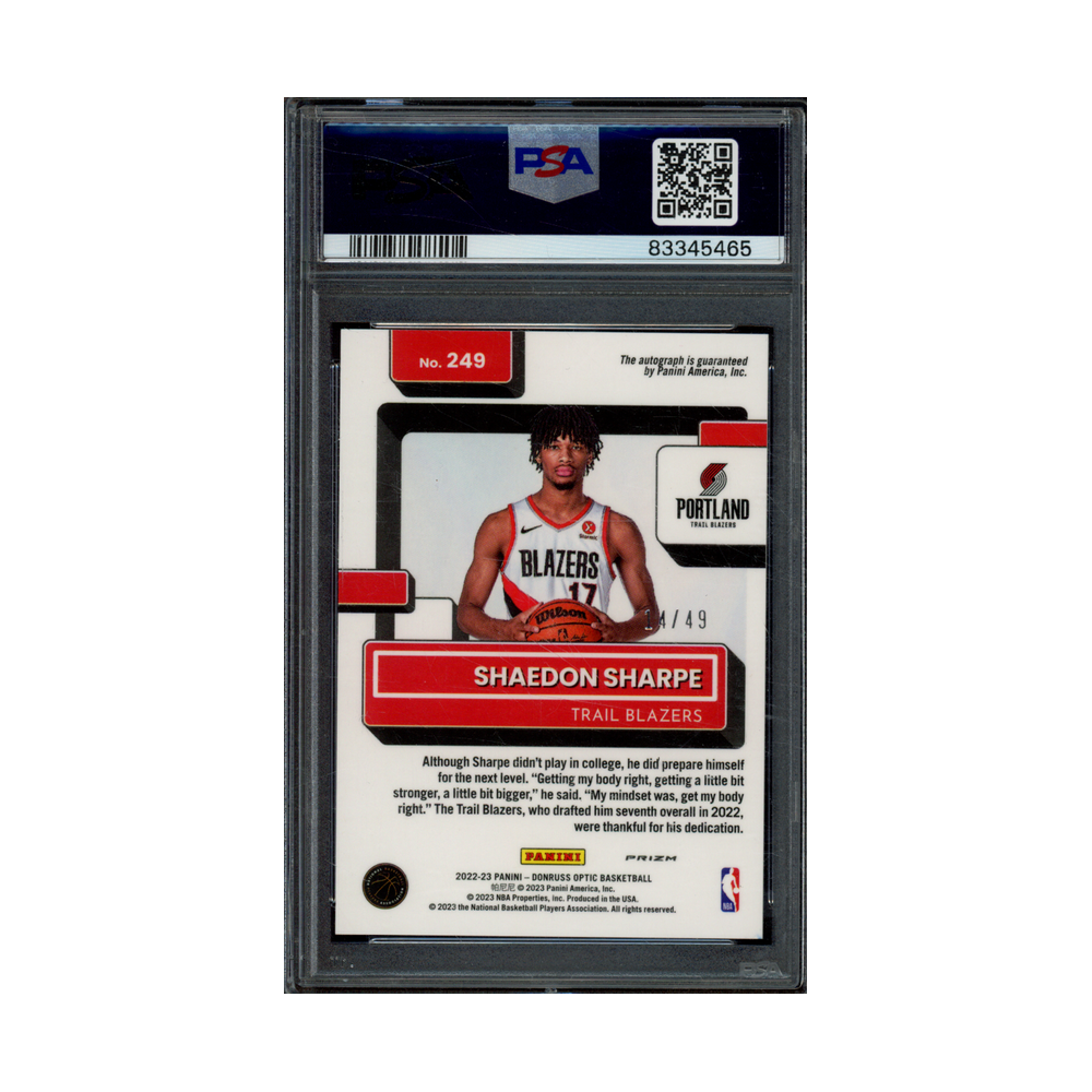 Shaedon Sharpe 2022 Panini Donruss Optic Basketball Rated Rookie Auto Blue /49 PSA 9