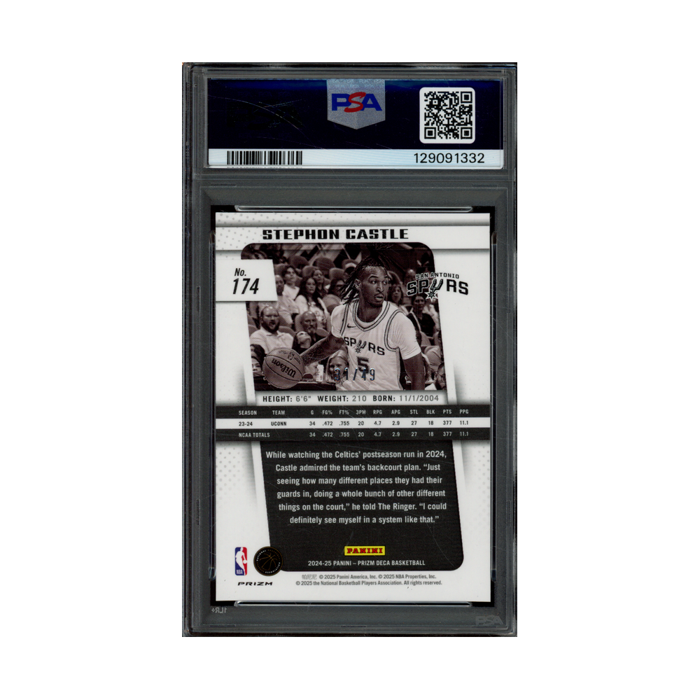 Stephon Castle 2024 Panini Deca Basketball Orange Prizm Rookie /49 PSA 10