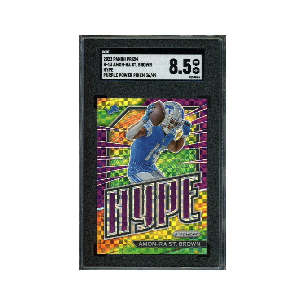 Amon-Ra St. Brown 2022 Panini Prizm Football Hype Purple Power Prizm /49 SGC 8.5