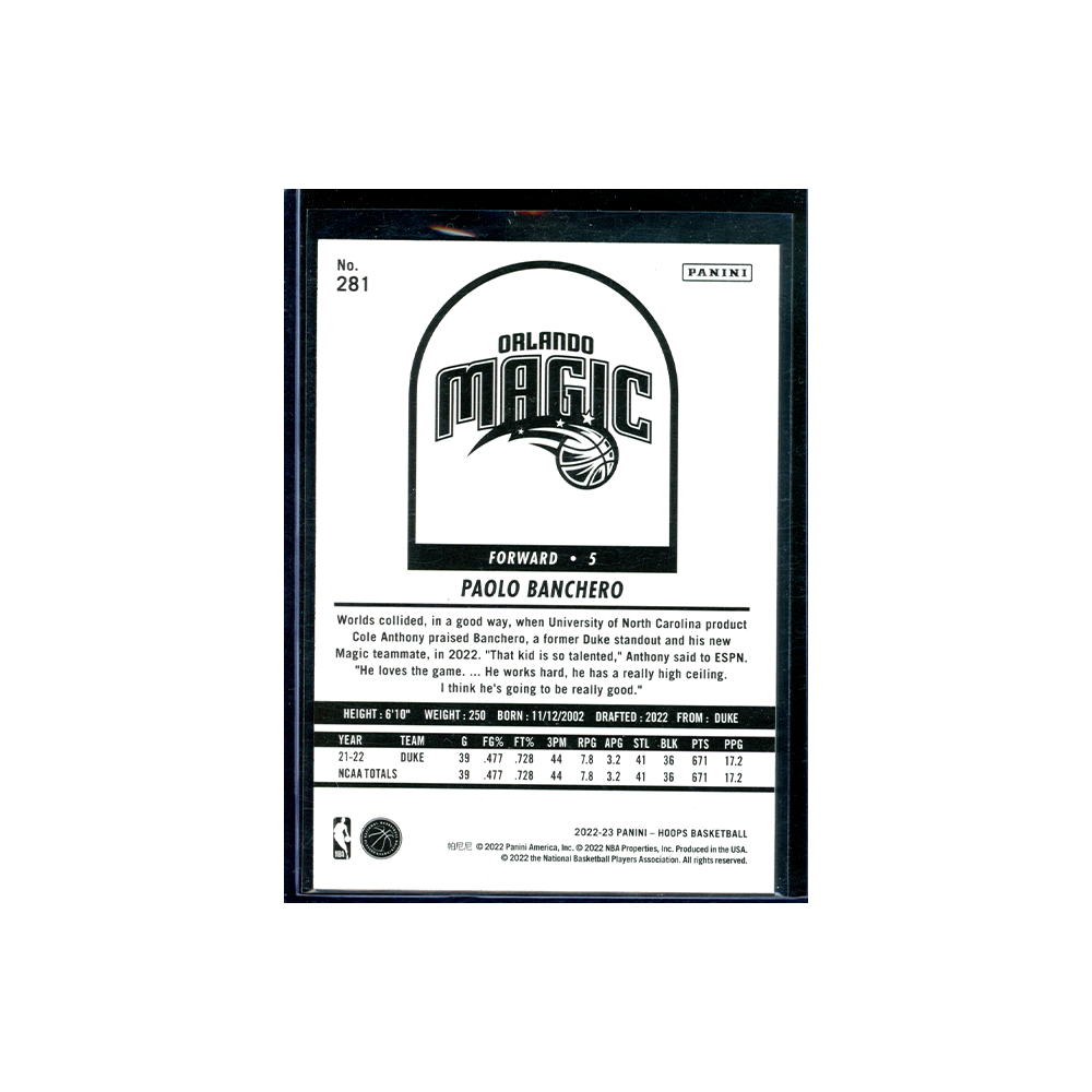 Paolo Banchero 2022-23 Panini Hoops Basketball Tribute Silver Rookie /199