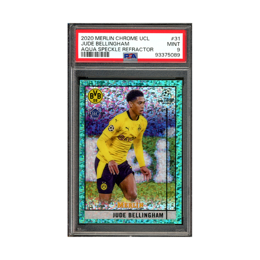 Jude Bellingham 2020 Merlin Chrome UCL Aqua Speckle Refractor Rookie /175 PSA 9