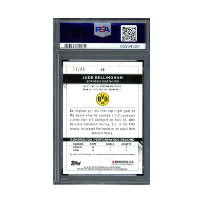 Jude Bellingham 2021-22 Topps Finest Bundesliga Purple Wave Auto /80 PSA 10