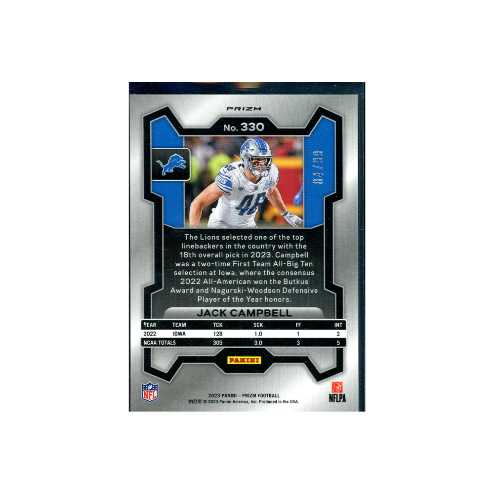 Jack Campbell 2023 Panini Prizm Football Blue Ice Prizm Rookie /99