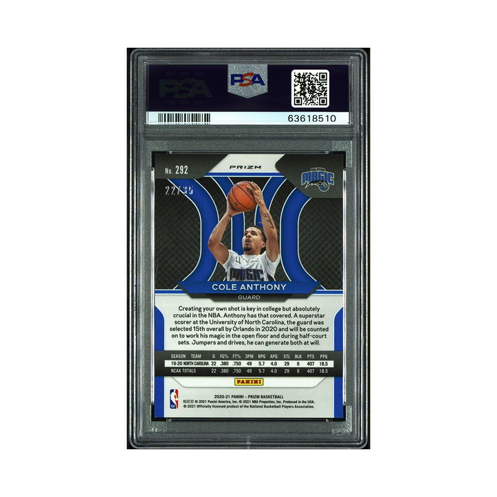 Cole Anthony 2020-21 Panini Prizm Basketball Blue Shimmer Prizm Rookie /35 PSA 9