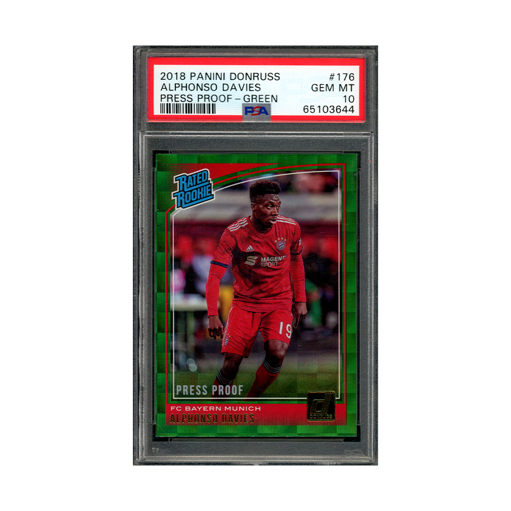 Alphonso DAvies 2018 Panini Donruss Rated Rookie Press Proof Green PSA 10