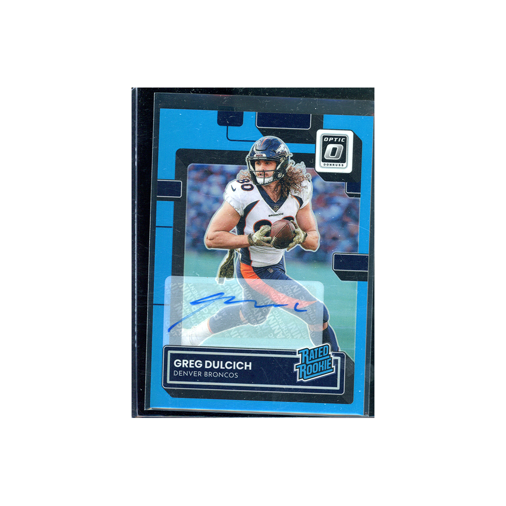 Greg Dulcich 2022 Panini Donruss Optic Football Rated Rookie Auto Blue /99