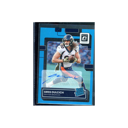 Greg Dulcich 2022 Panini Donruss Optic Football Rated Rookie Auto Blue /99