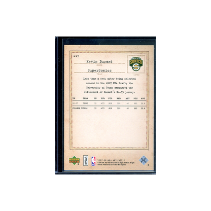 Kevin Durant 2007-08 NBA Artifacts Exclusives Rookie