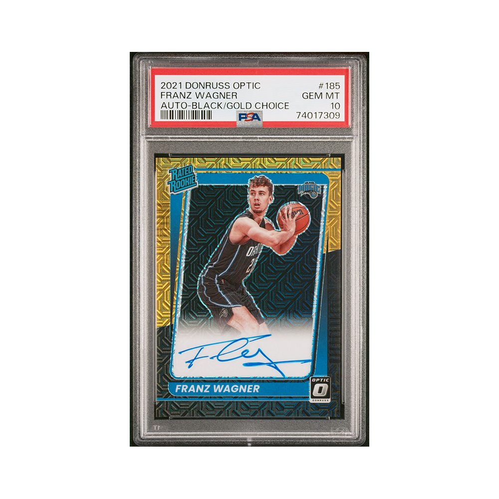 Franz Wagner 2021-22 Panini Donruss Optic Basketball Rated Rookie Auto Black Gold Choice /8 PSA 10