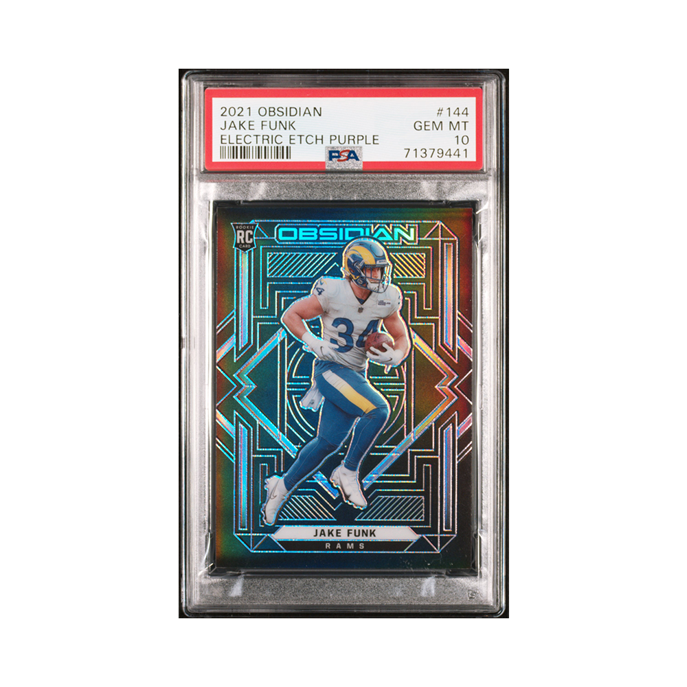 Jake Funk 2021 Panini Obsidian Football Purple Rookie /100 PSA 10