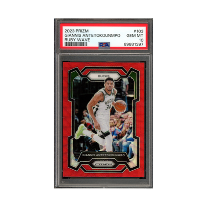 Giannis Antetokounmpo 2023 Panini Prizm Basketball Ruby Wave Prizm PSA 10