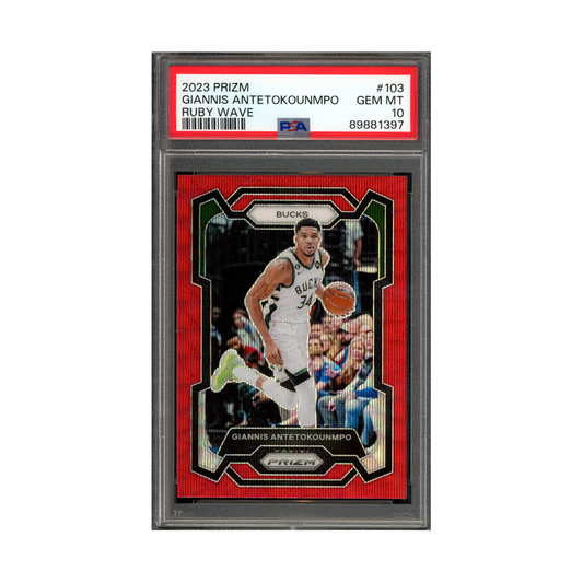 Giannis Antetokounmpo 2023 Panini Prizm Basketball Ruby Wave Prizm PSA 10