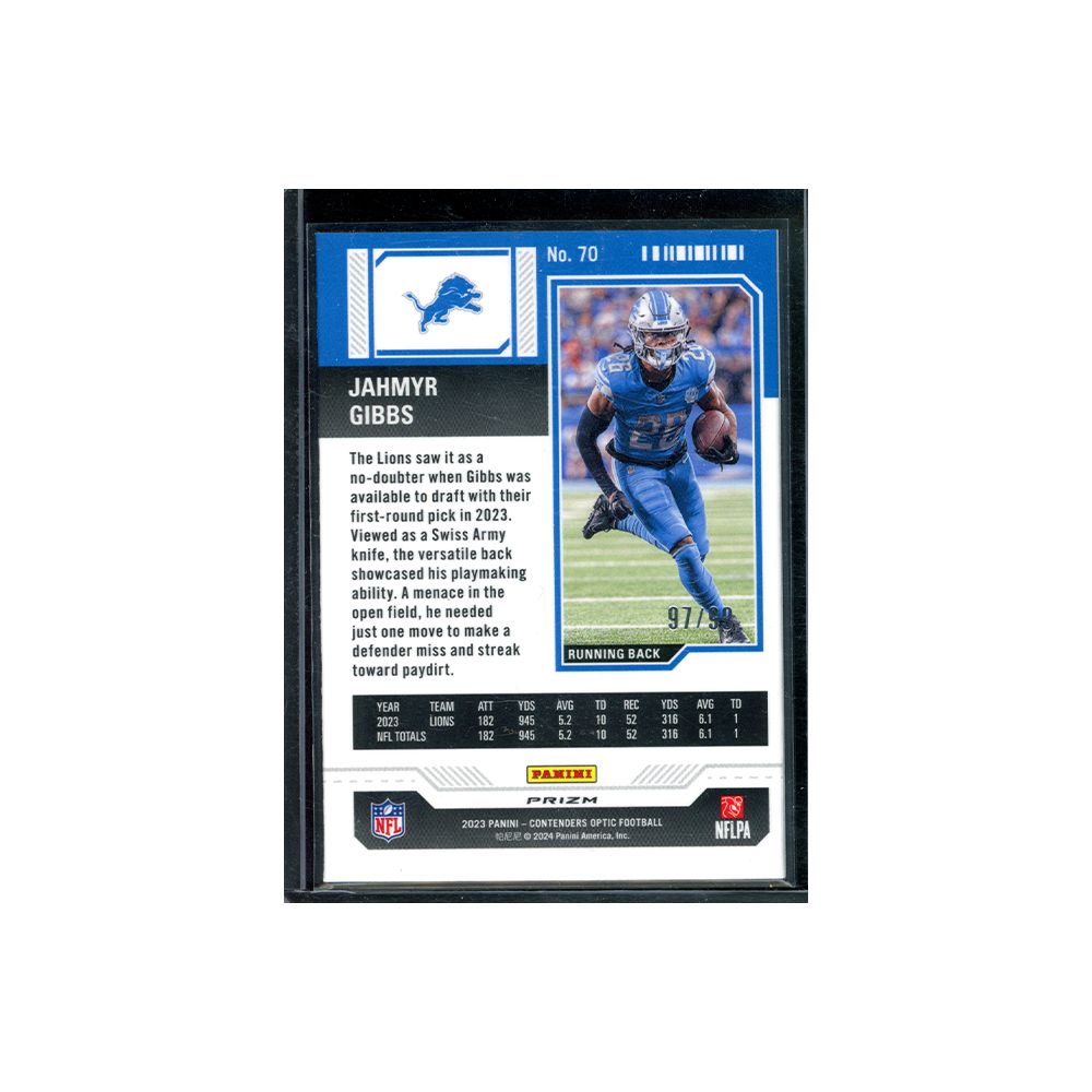 Jahmyr Gibbs 2023 Panini Contenders Optic Football Rookie Ticket Blue /99