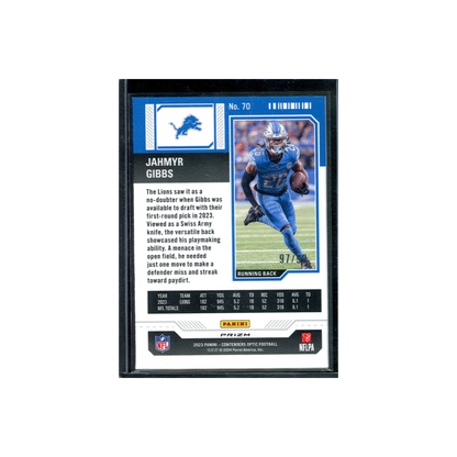 Jahmyr Gibbs 2023 Panini Contenders Optic Football Rookie Ticket Blue /99