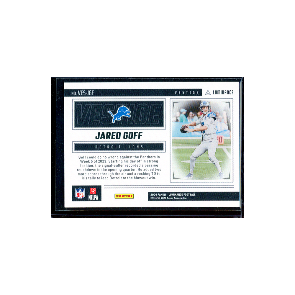 Jared Goff 2024 Panini Luminance Football Vestige Orange /100