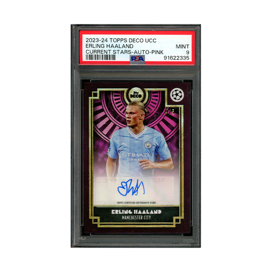 Erling Haaland 2023-24 Topps Deco UCC Current Stars Auto Pink /5 PSA 9