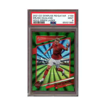Erling Haaland 2021-22 Panini Donruss WC Holo Green Laser PSA 9