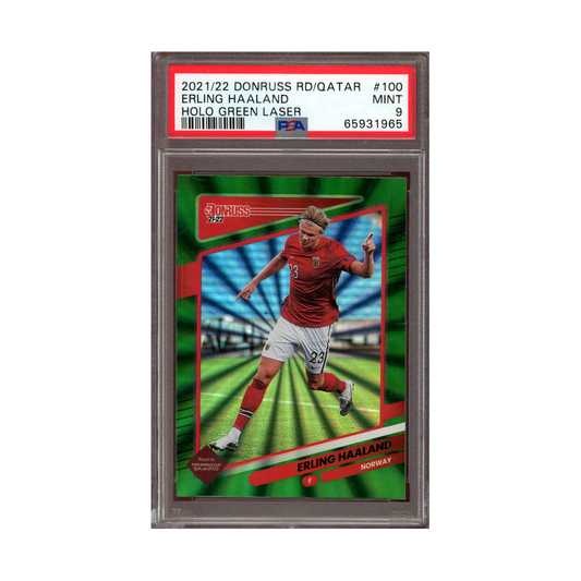 Erling Haaland 2021-22 Panini Donruss WC Holo Green Laser PSA 9