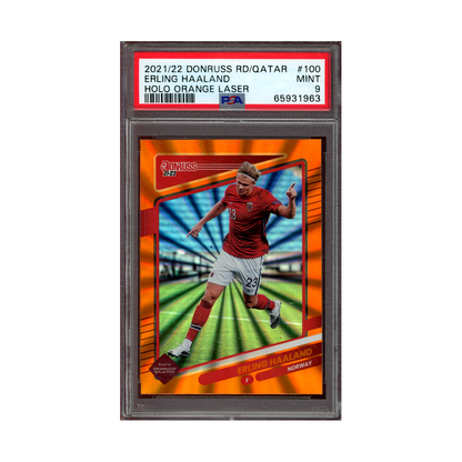 Erling Haaland 2021-22 Donruss WC Holo Orange Laser PSA 9