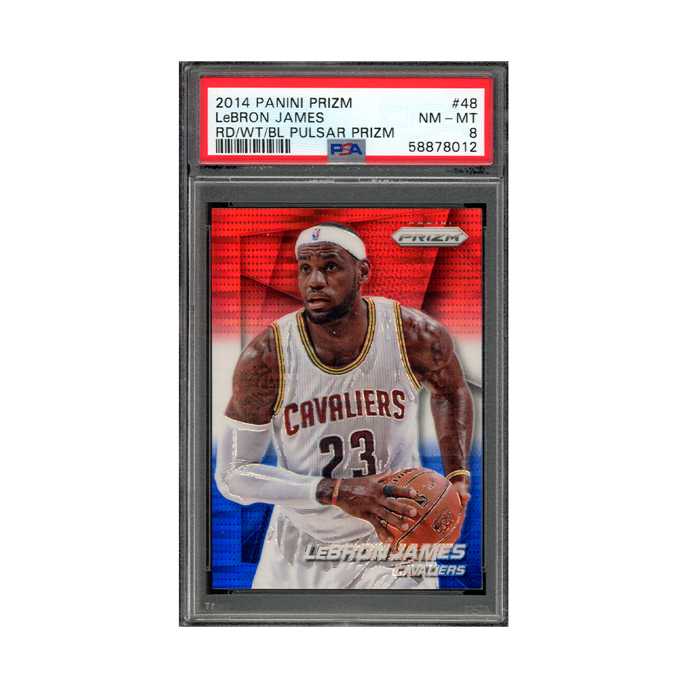 LeBron James 2014-15 Panini Prizm Basketball Red White Blue Pulsar Prizm PSA 8